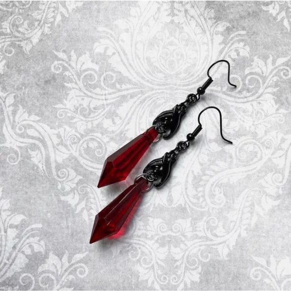Gothic Black Dangle Drop Earrings with Red Faux Gemstones - Picture 3 of 4